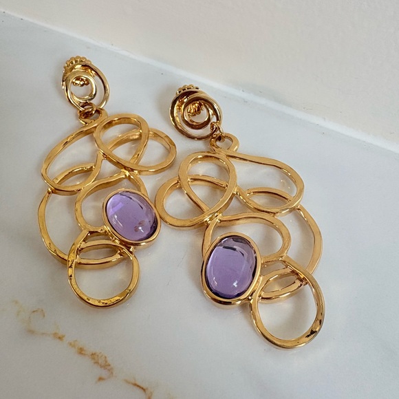 1993 Vtg Avon Faux Amethyst Gold Tone Brooch & Earrings Set Bold 90s Statement - Picture 9 of 16